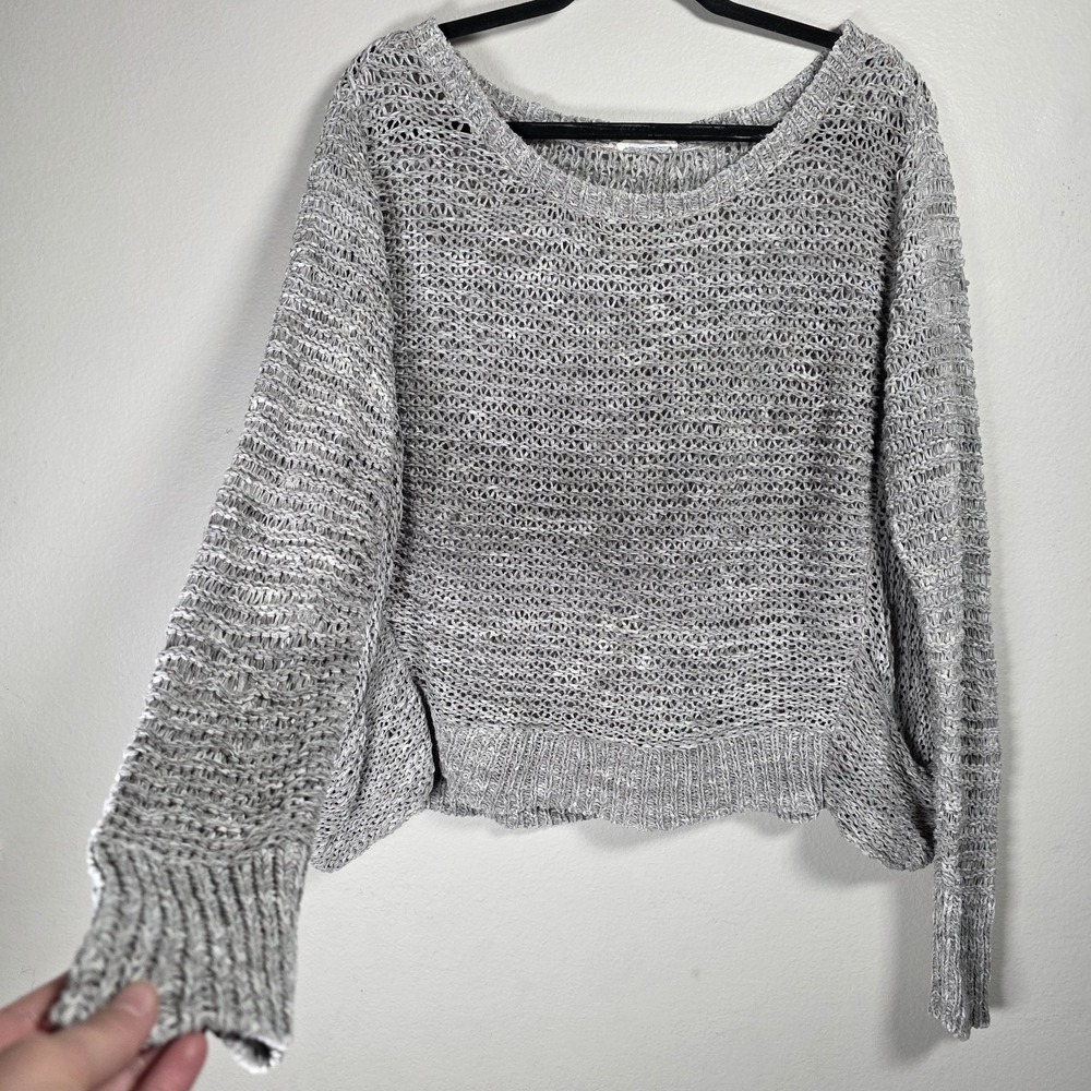 Eileen Fisher L Sweater Tape Yarn Marled Cotton Blend Scoop Neck Pullover Gray